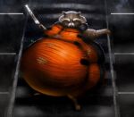 2019 anthro belly big_belly clothing fur guardians_of_the_galaxy holding_object holding_saw holding_tool ian-exe jumpsuit looking_at_viewer male mammal marvel obese obese_anthro obese_male overweight overweight_anthro overweight_male procyonid raccoon red_eyes rocket_raccoon saw short_stack signature solo tools torn_clothing whiskers