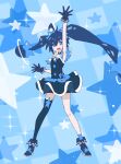  1girl 32zzz ahoge bare_arms black_dress black_gloves black_hair black_rock_shooter black_rock_shooter_(character) black_shorts black_thighhighs blue_eyes character_request cosplay crossover cure_star cure_star_(cosplay) dress gloves highres long_hair open_mouth pouch precure shorts single_thighhigh solo star_twinkle_precure thighhighs twintails uneven_twintails very_long_hair 