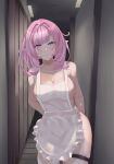  1girl absurdres apartment apron bare_shoulders blue_eyes blush breasts cleavage collarbone elf elysia_(honkai_impact) elysia_(miss_pink_elf)_(honkai_impact) hair_between_eyes highres honkai_(series) honkai_impact_3rd large_breasts legband looking_at_viewer naked_apron pink_hair pink_pupils pointy_ears short_hair sideboob silianyusisuo smile solo white_apron 