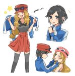  1boy 1girl black_hair black_shirt black_thighhighs blonde_hair blue_eyes blue_jacket blush borrowed_clothes cabbie_hat calem_(pokemon) closed_eyes commentary_request hand_on_another&#039;s_face hat jacket long_hair one_eye_closed open_mouth pink_hat pokemon pokemon_xy rain_(tonight_862) red_hat red_skirt serena_(pokemon) shirt short_hair short_ponytail simple_background skirt sleeveless sleeveless_shirt smile sunglasses tearing_up thighhighs twitter_username white_background 