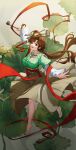  1girl :d absurdres arm_up breasts brown_eyes brown_hair chinese_clothes chinese_hairpin clothes_lift dipper flats floating_hair full_body green_background hair_bun hair_ornament hanfu highres holding holding_spoon jewelry jiu_niangzi large_breasts layered_sleeves leg_up long_hair long_skirt long_sleeves looking_at_viewer looking_to_the_side lotus_leaf naim_(naimru3) necklace outstretched_arms red_shawl reverse:1999 shawl short_over_long_sleeves short_sleeves single_side_bun skirt skirt_lift smile solo spoon spread_arms tassel tassel_hair_ornament teeth underbust walking white_footwear white_sleeves wind wind_lift yellow_skirt 