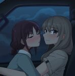  2girls blue_sky bluecloud blush car_interior closed_eyes closed_mouth cloud cloudy_sky commentary earclip girls_band_cry grey_eyes grey_shirt hashtag-only_commentary highres imminent_kiss iseri_nina kawaragi_momoka light_brown_hair long_hair looking_at_viewer multiple_girls night puckered_lips purple_hair shirt short_sleeves short_twintails sky twintails upper_body yuri 