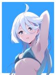  1girl absurdres ahoge alternate_hairstyle arm_behind_head arm_up armpits bikini blue_background blue_bikini borgbutler breasts commentary_request grey_eyes grey_hair gundam gundam_suisei_no_majo hair_between_eyes hair_down highres long_hair looking_at_viewer miorine_rembran open_mouth partial_commentary small_breasts solo swimsuit upper_body 