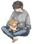  1boy animal animal_on_lap barefoot blue_pants blush brown_hair cat closed_eyes commentary_request denim fang full_body gradient_hair grey_hoodie holding holding_animal hood hood_down hoodie indian_style jeans jiz_(pffbq) kiyo_(youtuber) long_sleeves male_focus multicolored_hair on_lap open_mouth pants real_life short_hair simple_background sitting solo white_background 