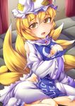  absurdres blonde_hair blush breasts fox_tail fun_bo hat highres large_breasts looking_at_viewer multiple_tails open_mouth short_hair slit_pupils solo tail tears torn_clothes touhou yakumo_ran yellow_eyes 
