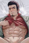  1boy abs bara bottomless facial_hair goatee_stubble highres kiryu_kazuma large_pectorals lifting_own_clothes looking_at_viewer lying male_focus mature_male medium_sideburns muscular muscular_male navel nipples on_back on_bed out-of-frame_censoring pectorals presenting ryuu_ga_gotoku_(series) shaved_body short_hair sideburns_stubble solo spread_legs sssida3 stomach stubble sweat thick_eyebrows tsurime underpec 