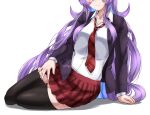  1girl animal_ears black_jacket black_thighhighs blazer closed_mouth facing_viewer full_body head_out_of_frame highres jacket long_hair long_sleeves necktie plaid plaid_skirt poffusagi purple_hair rabbit_ears rabbit_girl red_necktie red_skirt reisen_udongein_inaba shirt signature simple_background sitting skirt smile solo thighhighs touhou very_long_hair white_background white_shirt 