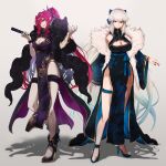  2girls absurdres baobhan_sith_(fate) bare_shoulders black_bow blue_eyes bow braid breasts china_dress chinese_clothes cleavage cleavage_cutout clothing_cutout dress fate/grand_order fate_(series) french_braid full_body grey_eyes grey_hair hair_bow highres large_breasts long_hair looking_at_viewer morgan_le_fay_(fate) multiple_girls pelvic_curtain pink_hair pointy_ears ponytail shibao_aoyama sidelocks very_long_hair 