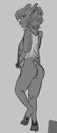  anthro bottomless bovid breasts butt caprine clothed clothing elaine_(mel_mel) female goat hair hooves looking_at_viewer mammal mel_mel monochrome shirt short_hair side_boob sketch smile solo topwear 