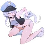  1girl anal_tail animal_hands ass bikini black_vest blue_archive blue_hat blush breasts claws ddari fake_tail fang full_body gloves grey_bikini grey_gloves grey_hair hat highres kneeling long_hair open_clothes open_mouth open_vest paw_gloves peaked_cap simple_background small_breasts solo swimsuit tail valkyrie_police_academy_student_(blue_archive) vest white_background yellow_eyes 