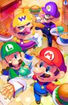  4boys absurdres blue_eyes blue_overalls boots brothers brown_footwear brown_hair burger corn_dog facial_hair food french_fries gloves green_hat green_shirt hat highres holding holding_plate ice_cream ice_cream_cone luigi male_focus mario mario_(series) mario_party mario_party_4 multiple_boys mustache nervous one_eye_closed open_mouth overalls pink_nose plate purple_hat purple_overalls purple_shirt red_hat red_shirt shirt shoes short_hair siblings soup surprised teeth tile_floor tiles upper_teeth_only waluigi wario white_gloves yellow_hat yellow_shirt yuuma_rimi 