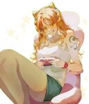  1girl bare_legs bare_shoulders blue_shorts chair closed_mouth controller feet_out_of_frame game_controller gaming_chair headset highres holding holding_controller holding_game_controller knees_up long_hair looking_at_viewer n_o1n2 nami_(one_piece) one_piece orange_eyes orange_hair short_shorts shorts shoulder_tattoo sidelocks sitting smile solo star_(symbol) swivel_chair tank_top tattoo tongue tongue_out watch wavy_hair white_tank_top wristwatch 