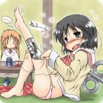  2girls android artist_name barefoot beer_can black_eyes black_hair blush blush_visible_through_hair can collared_shirt commentary_request dated drink_can drunk fang feet from_side full_body gaketsu highres joints lab_coat leg_up long_hair long_sleeves looking_at_viewer mechanical_parts multiple_girls navel neckerchief necktie nichijou nose_blush open_mouth orange_hair panties partially_translated pink_panties plaid plaid_skirt pleated_skirt professor_shinonome red_neckerchief red_necktie red_skirt robot_girl robot_joints sailor_collar shinonome_nano shirt short_hair signature skirt smile squeans stomach toes tongue translation_request underwear undressing unworn_skirt v-shaped_eyebrows white_sailor_collar white_shirt 