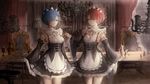  blue_eyes blue_hair bottle breasts chair chandelier cup detached_sleeves hair_over_one_eye highres looking_at_viewer maid maid_headdress medium_breasts multiple_girls ram_(re:zero) re:zero_kara_hajimeru_isekai_seikatsu red_eyes red_hair rem_(re:zero) sa'yuki short_hair siblings sisters small_breasts table twins 