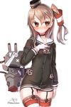  amatsukaze_(kantai_collection) amatsukaze_(kantai_collection)_(cosplay) bandaged_head bandages bandaid blush brown_eyes brown_hair buttons choker cosplay dress garter_straps girls_und_panzer gloves hair_tubes hat kantai_collection lifebuoy long_hair long_sleeves one_side_up red_legwear rensouhou-kun sailor_collar sailor_dress shimada_arisu short_dress side_ponytail single_glove striped striped_legwear thighhighs twitter_username white_gloves windsock yukimura_tsubame zettai_ryouiki 