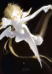  1girl angel_wings black_background blonde_hair chinese_commentary commentary_request cropped_torso frilled_sleeves frills grey_hairband hair_ribbon hairband highres kureno_(kumart) light_particles long_hair long_sleeves low_ponytail multiple_wings original outstretched_arm ribbon shirt signature sleeves_past_wrists solo very_long_hair white_shirt white_wings wings 