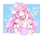  1girl bare_shoulders blue_background bouquet breasts cleavage detached_sleeves elysia_(herrscher_of_human:ego)_(honkai_impact) elysia_(honkai_impact) hair_ornament heart highres holding holding_bouquet honkai_(series) honkai_impact_3rd linkbao long_hair looking_at_viewer pink_eyes pink_hair pink_pupils shirt short_sleeves smile solo teeth triquetra upper_teeth_only white_shirt white_veil 