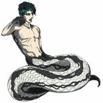  abs black_hair claws diamond_wa_kudakenai fangs green_eyes green_lipstick headband jojo_no_kimyou_na_bouken kishibe_rohan lipstick makeup male_focus monster_boy open_mouth scales shirtless snake_boy solo wallfloristry 