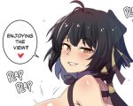  1girl antenna_hair bare_shoulders black_hair blush english_commentary female_rover_(wuthering_waves) grin heart highres hinghoi long_hair looking_at_viewer portrait rover_(wuthering_waves) simple_background smile solo speech_bubble white_background wuthering_waves yellow_eyes 