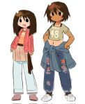  2girls azumanga_daioh black_eyes blue_pants brown_hair brown_skirt cardigan clothes_around_waist commentary cropped_shirt denim full_body green_shirt hands_on_own_hips hashtag-only_commentary highres jacket jacket_around_waist jeans kagura_(azumanga_daioh) kasuga_ayumu looking_afar medium_hair multiple_girls navel open_cardigan open_clothes pants pleated_skirt red_cardigan shirt short_hair simple_background skirt standing tan tanaub tanlines toned_female torn_clothes torn_jeans torn_pants white_background 