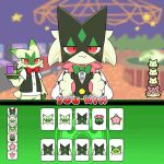 1:1 ambiguous_gender animated anthro beverage blush bow_tie card casino clapping claws duo english_text finger_claws floragato fur generation_9_pokemon green_body green_fur half-closed_eyes looking_at_viewer mario_bros meowscarada narrowed_eyes nintendo pawpads pink_pawpads pokemon pokemon_(species) red_eyes score short_playtime sprigatito text tontaro