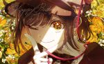  1girl 25-ji_nightcord_de._(project_sekai) absurdres brown_eyes brown_hair dated flower gloves happy_birthday hat highres jewelry kika looking_at_viewer one_eye_closed portrait project_sekai ribbon ring shinonome_ena short_hair smile solo v 