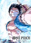  1boy abs armlet black_hair blue_shirt clenched_hand clenched_teeth commentary_request copyright_name hat highres incoming_attack looking_at_viewer male_focus monkey_d._luffy official_art one_piece one_piece_card_game open_clothes open_shirt scar scar_on_face shirt short_hair solo straw_hat tacchan56110 teeth upper_body 