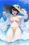  1girl absurdres bikini blue_eyes blue_sky blush breasts brown_hair cloud hat highres hololive looking_at_viewer medium_breasts official_alternate_costume oozora_subaru oozora_subaru_(hololive_summer_2019) open_mouth radi_(pixiv_88192217) short_hair sky smile straw_hat striped_bikini striped_clothes swimsuit virtual_youtuber wading water yellow_bikini 