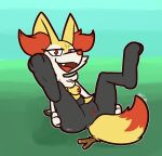  2024 3_fingers 3_toes anthro black_body black_fur braixen breasts canid canine clitoris cute_fangs dipstick_tail feet female fingers fur generation_6_pokemon genitals half-closed_eyes hands_on_leg hands_on_thigh legs_up looking_at_viewer mammal markings medium_breasts narrowed_eyes nintendo nipples open_mouth pokemon pokemon_(species) pupils pussy red_body red_eyes red_fur red_nipples red_nose red_pussy smile smirk solo spread_legs spreading stick tail tail_markings toes ultilix white_body white_fur yellow_inner_ear 