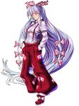  arm_strap baggy_pants blush bow buttons cigarette commentary_request fujiwara_no_mokou full_body hair_bow hands_in_pockets highres long_hair long_sleeves nose_blush pants red_eyes shirt silver_hair smile smoking solo suspenders tachi-e touhou transparent_background very_long_hair white_bow white_shirt zephid 