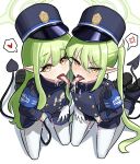  2girls absurdres anger_vein black_hat black_jacket blue_archive commentary_request cum cum_in_mouth cum_on_clothes cum_on_tongue demon_tail green_eyes hat heart highres hikari_(blue_archive) jacket kneeling long_hair multiple_girls nozomi_(blue_archive) pantyhose pointy_ears siblings sidelocks simple_background sisters spoken_anger_vein spoken_heart suzume_b tail tongue tongue_out twintails white_background white_pantyhose 