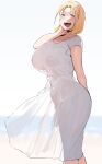  1girl blonde_girl_(okpriko) blonde_hair blue_eyes blush breasts collarbone covered_nipples dress english_commentary highres huge_breasts looking_at_viewer looking_back okpriko open_mouth original parted_bangs see-through see-through_dress short_hair smile solo teeth upper_teeth_only white_dress 