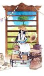  1girl blue_sky book bookshelf closed_eyes cloud dirt_road dress grass hat highres hinata_(echoloveloli) holding holding_book long_hair open_mouth original phonograph road sailor_collar sky solo string_of_flags suitcase tree very_long_hair white_background white_dress white_sailor_collar 