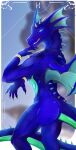  abstract_background anthro ass_up biceps blue_body blurred_background butt butt_focus claws dragon european_mythology fangs half-length_portrait hi_res horn hynvale jaw jewelry kaz_(kazara) line_art long_tail looking_at_viewer looking_pleasured male membrane_(anatomy) membranous_wings muscular muscular_anthro muscular_male muscular_thighs mythological_creature mythological_scalie mythology nature nature_background pinup portrait pose scalie shaded simple_background solo spikes spikes_(anatomy) tail tail_motion teeth western_dragon wings 
