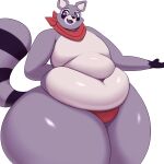  1:1 absurd_res anthro bandanna belly black_nose clothing deep_navel fur gloves_(marking) grey_body grey_fur hi_res hidenafox indigo_park kerchief male mammal markings navel open_mouth overweight overweight_anthro overweight_male procyonid purple_eyes purple_tongue raccoon rambley_raccoon simple_background solo tail tongue underwear white_background 
