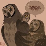 1:1 absurd_res avian bird dialogue elf_owl eye_contact eyes_closed female feral great_grey_owl group guardians_of_ga&#039;hoole gylfie hi_res kabuki-aku looking_at_another male otulissa owl size_difference spotted_owl strix_(genus) true_owl twilight_(gogh) yellow_eyes