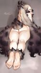  1girl aleriia_v artist_name ass black_hair blonde_hair blush brown_eyes feet from_behind hand_on_own_chin head_rest highres legs_together long_hair looking_at_viewer looking_back lying mimi_(aleriia_v) multicolored_hair nude on_stomach original pussy rabbit_tail solo tail thighs toes 