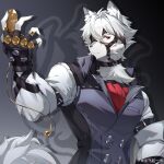  1:1 2024 absurd_res anthro belt canid canine canis clock clothing collar fingerless_gloves gloves hair handwear hi_res looking_away male mammal mihoyo red_eyes shirt solo tail topwear vest von_lycaon watch weibo_id_7412365278 wolf zenless_zone_zero 