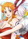  2girls bare_shoulders blush border breasts cleavage closed_eyes collarbone commentary_request cup dress drinking_glass earrings grin hair_over_one_eye hair_rings headphones highres holding holding_cup hug hug_from_behind jewelry large_breasts long_hair multicolored_hair multiple_girls nami_(one_piece) one_piece one_piece_film:_red open_mouth orange_eyes orange_hair outside_border pearl_earrings red_dress red_hair red_skirt shirt short_sleeves shoulder_tattoo signature single_sidelock skirt smile strapless strapless_dress syoko_346 tattoo teeth two-tone_hair upper_body upper_teeth_only uta_(one_piece) wavy_hair white_border white_hair white_shirt 