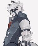  2022 anthro canid canine canis clothing fur hair hi_res jiaaaajiaxin male mammal mihoyo red_eyes shirt solo tail topwear vest von_lycaon white_body white_fur white_hair wolf zenless_zone_zero 