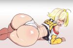  1girl :3 absurdres ahoge ass ass_focus bare_shoulders blonde_hair blush breast_press breasts breasts_against_floor colored_inner_hair crop_top elbow_rest elegg_(nikke) fang freakylucky from_behind goddess_of_victory:_nikke hair_intakes hair_over_one_eye highres huge_ass looking_back micro_shorts midriff multicolored_hair naughty_face plump purple_eyes short_hair shorts simple_background solo sweat thigh_strap underboob white_background 