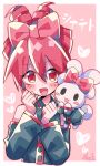  1girl blush bow cinnamiku_hairstyle cinnamoroll collared_shirt cosplay detached_sleeves drill_hair hair_bow heart kasane_teto kasane_teto_(cosplay) long_sleeves open_mouth pink_background pink_hair red_hair sanrio shirt smile solo translation_request updo utau yuusuke-kun 
