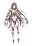  ass_visible_through_thighs bare_shoulders black_hair blush bodysuit boots brown_eyes closed_mouth detached_sleeves eyebrows eyebrows_visible_through_hair full_body gloves highres light_smile long_hair looking_at_viewer luzi mirai_(project_nimbus) official_art pilot_suit project_nimbus side_cutout sidelocks simple_background skin_tight solo standing tsurime turtleneck very_long_hair white_background 