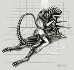  2002 alien alien_(franchise) bathroom cowgirl_position drooling female human lying male mammal nude on_top penetration penis pussy saliva sex shower slof traditional_media_(artwork) vaginal vaginal_penetration water xenomorph 