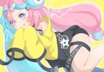  1girl :p black_shorts blue_hair bow-shaped_hair character_hair_ornament grey_pantyhose hair_ornament iono_(pokemon) jacket kaetaro_0107 long_hair long_sleeves looking_at_viewer multicolored_hair outline pantyhose pink_eyes pink_hair pokemon pokemon_sv shorts single_leg_pantyhose sleeves_past_fingers sleeves_past_wrists solo thigh_strap thighs tongue tongue_out twintails two-tone_hair very_long_hair white_outline yellow_background yellow_jacket 