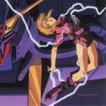  1990s_(style) 1girl beam_cannon blue_eyes boots commentary cover damaged debris dirty dvd_cover electricity electrocution elpeo_puru english_commentary gundam gundam_zz highres injury key_visual kitazume_hiroyuki looking_at_viewer machinery magazine_scan mecha mobile_armor mobile_suit official_art orange_hair pain production_art promotional_art psyco_gundam_mk_ii retro_artstyle robot scan science_fiction shorts torn_clothes traditional_media upper_body zero_gravity 
