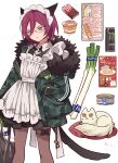  1boy animal_ears apron bad_id bad_pixiv_id black_dress blue_eyes brown_pantyhose camouflage can canned_food cat cat_ears cat_tail chocolate cowboy_shot crossdressing dress drink_can energy_drink ensemble_stars! food frilled_apron frills fur-trimmed_jacket fur_trim glasses green_jacket hair_between_eyes hand_in_pocket highres jacket kemonomimi_mode long_sleeves maid maid_headdress male_focus male_maid meremero monster_energy open_mouth pantyhose plastic_wrap pudding purple_hair raw_meat saegusa_ibara short_hair soda_can solo spring_onion standing tail thigh_strap white_apron white_background white_cat 