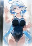  1girl against_glass ai-generated bare_legs bare_shoulders bathroom blue_hair breasts cleavage commentary competition_swimsuit furina_(genshin_impact) genshin_impact glass heterochromia highres long_hair multicolored_eyes multicolored_hair one-piece_swimsuit setsuaiart solo swimsuit white_hair 