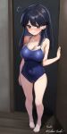  1girl absurdres ahoge barefoot black_hair blue_one-piece_swimsuit blush breasts brown_eyes cleavage closed_mouth covered_navel door doorway eckert&amp;eich empty_eyes full_body hair_between_eyes highres kantai_collection large_breasts long_hair one-piece_swimsuit signature solo standing sweat swimsuit twitter_username ushio_(kancolle) 