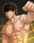  1boy abs ao_isami bara black_hair facial_hair highres incoming_fist_bump large_pectorals male_focus meiji_(meiji_nsfw) muscular muscular_male navel nipples nude official_alternate_hairstyle outstretched_arm pectorals reaching reaching_towards_viewer sanpaku shredded_muscles sideburns_stubble solo stomach stubble thick_eyebrows tsurime upper_body yuuki_bakuhatsu_bang_bravern 